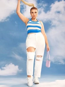 Top A Rayas Con Halter Para Tallas Grandes - Azul y blanco - Ver 5