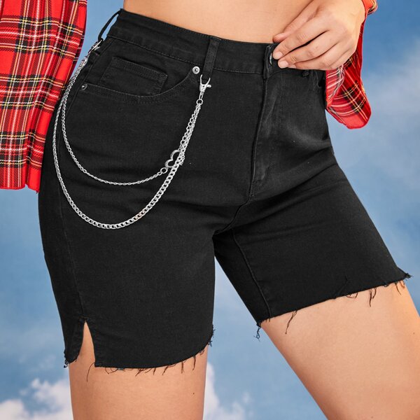 

Plus High Waist Chain Detail Slit Hem Denim Shorts, Black