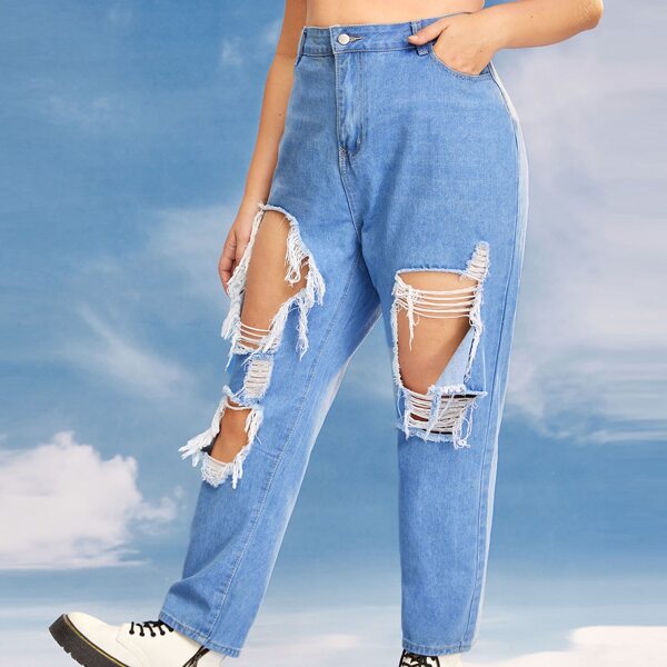 

Plus High Waist Ripped Mom Jeans, Light wash