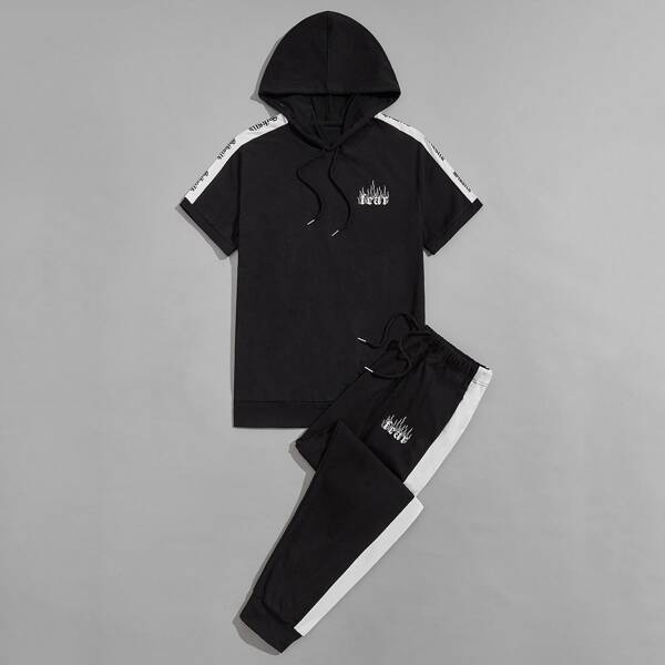 

Men Fire Print Letter Graphic Side Seam Drawstring Hoodie & Sweatpants, Black
