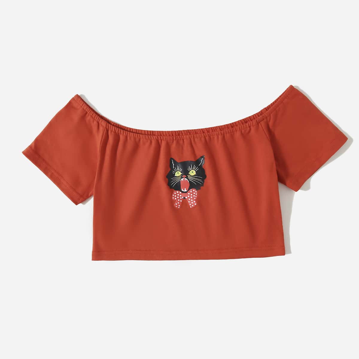 

Off The Shoulder Cat Graphic Crop Tee, Red
