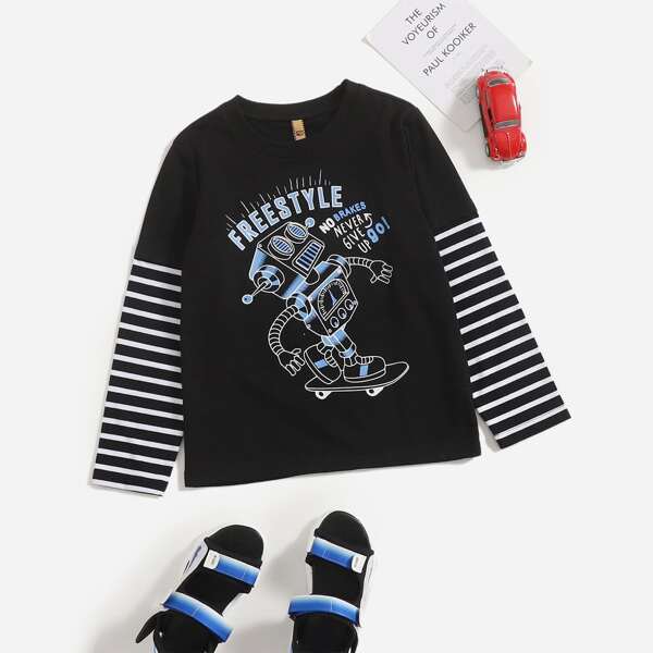 

Boys 2 In 1 Robot Print Striped Sleeve Sweatshirt, Black