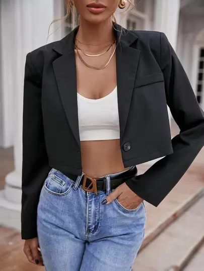 Solid Lapel Crop Blazer Fall Cloth For Women