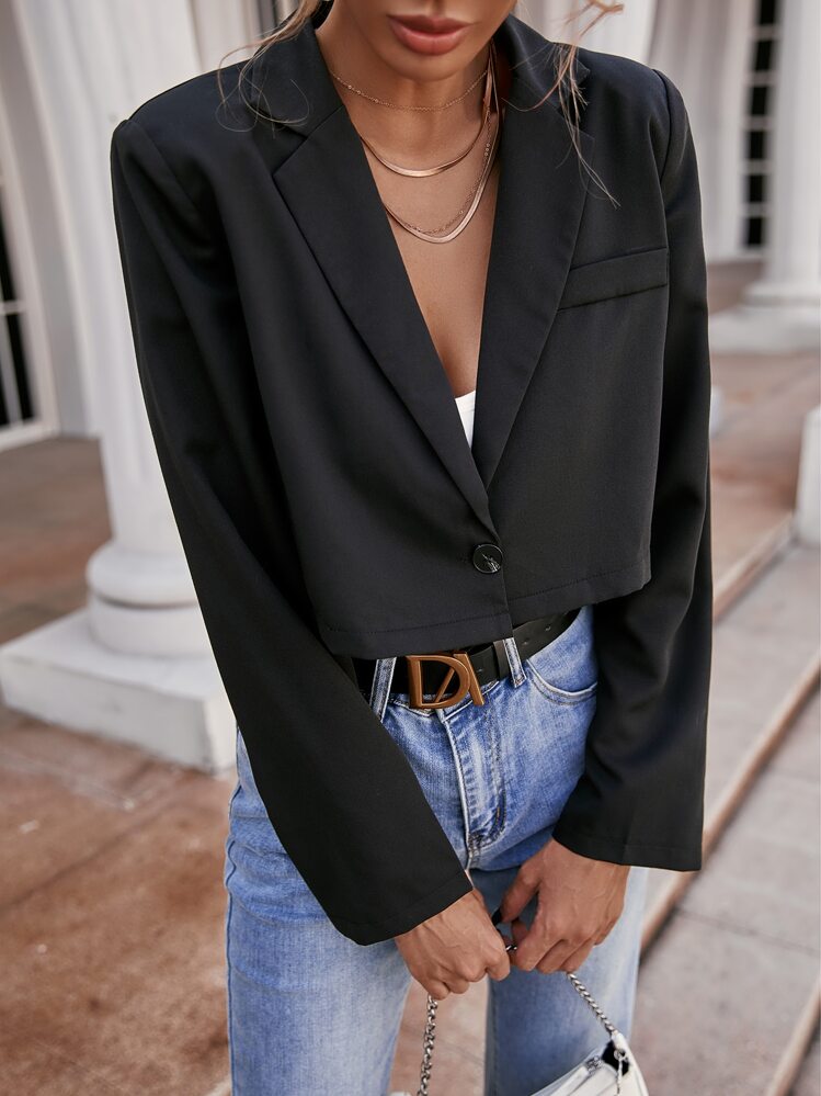 EMERY ROSE Blazer unicolor con solapa corto - Negro - Añade 4