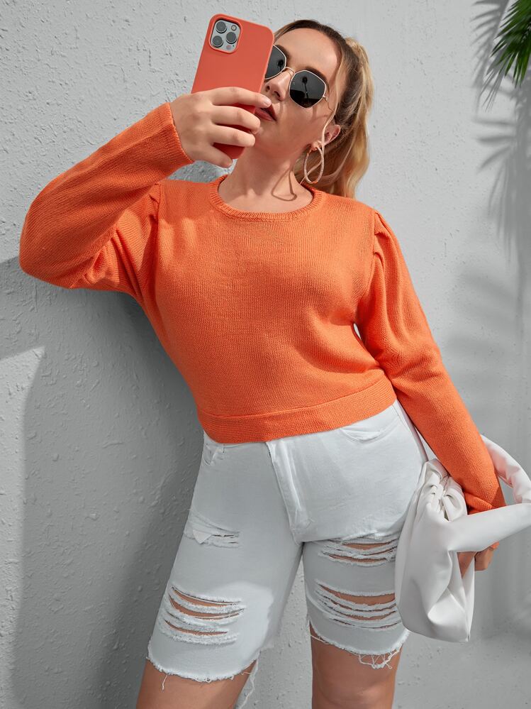 Flirla 大碼素色鏤空後綁帶套頭毛衣 - 橘色 - 查看 1