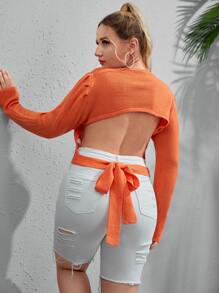 Flirla Plus Solid Cut Out Tie Back Sweater