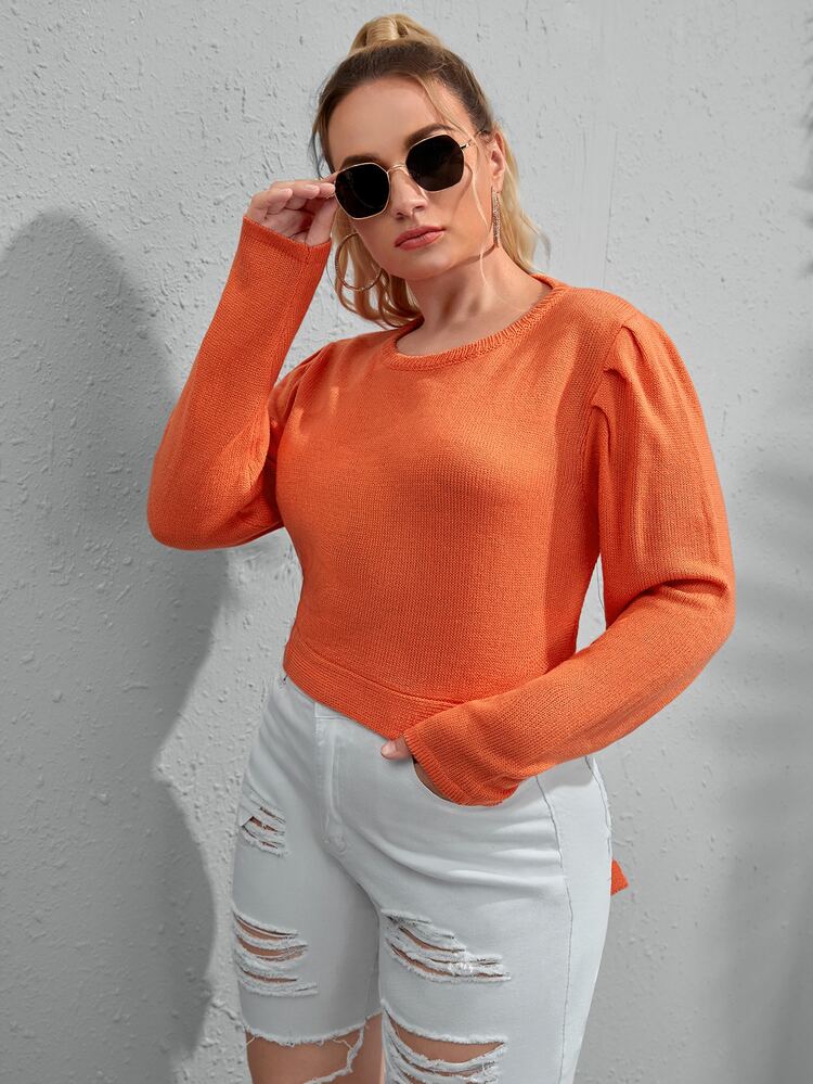 Flirla 大碼素色鏤空後綁帶套頭毛衣 - 橘色 - 查看 3