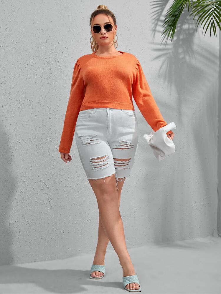 Flirla 大碼素色鏤空後綁帶套頭毛衣 - 橘色 - 查看 5