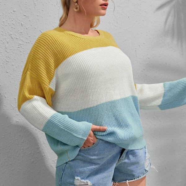 

Plus Color-block Drop Shoulder Sweater, Multicolor
