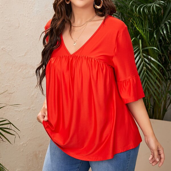 

Plus Solid V-Neck Flounce Sleeve Smock Tee, Red