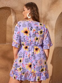 SHEIN Holidaya Plus Floral Tie Front Flounce Sleeve Ruffle Hem Dress - Mauve Purple - View 2