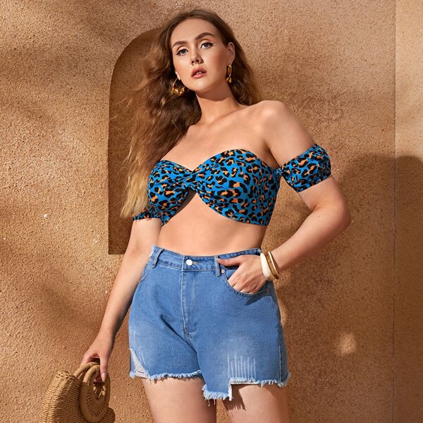 

Plus Leopard Off The Shoulder Top, Teal blue