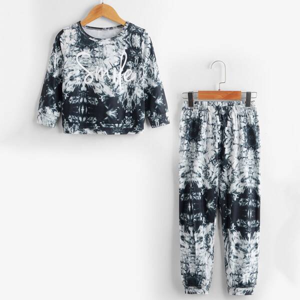 

Toddler Girls Tie Dye & Letter Graphic Sweatshirt With Sweatpants, Black and white