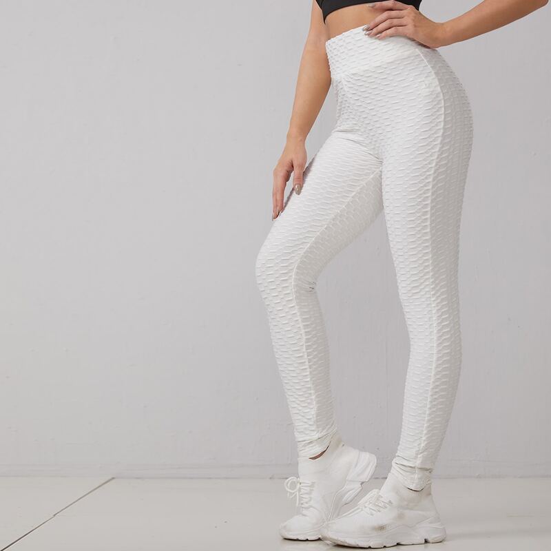 

High Waist Solid Honeycomb Leggings, White