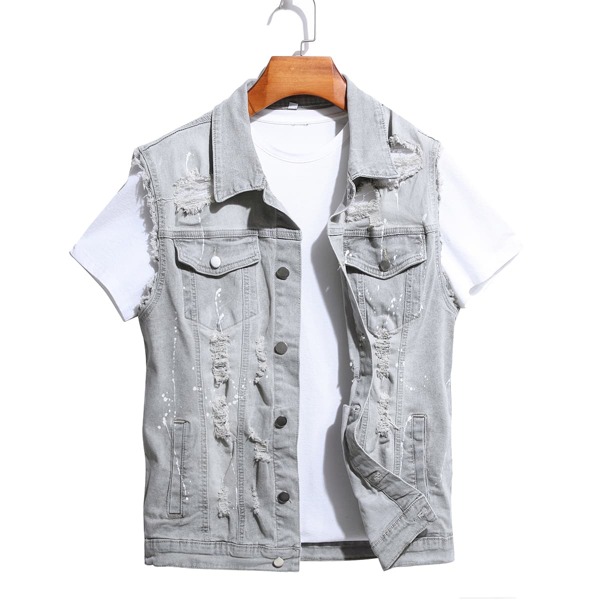 

Men Painting Splash Denim Vest Jacket Without Tee, Grey
