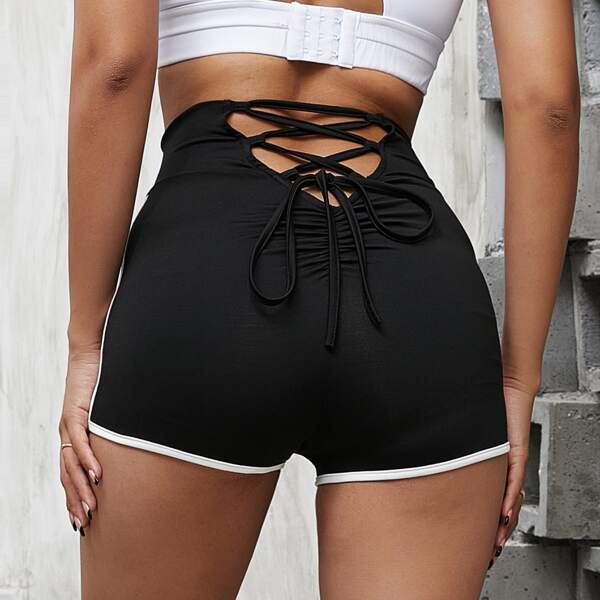 

Lace Up Back Contrast Binding Biker Shorts, Black