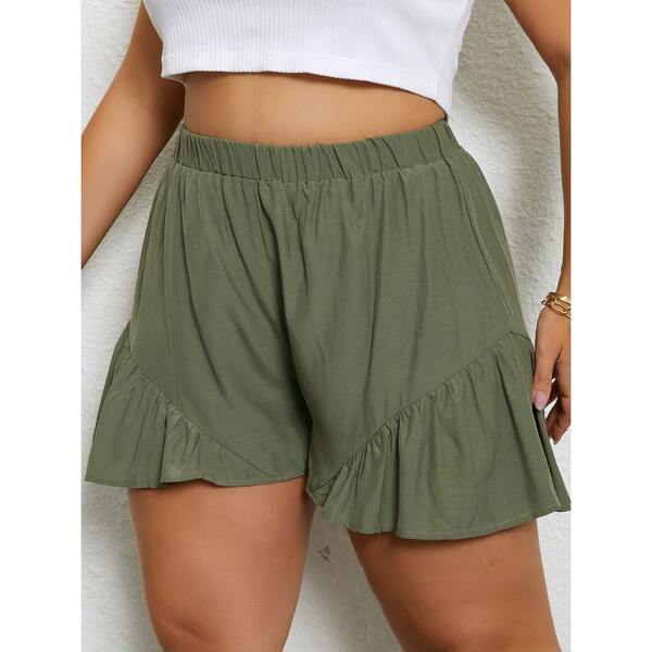 

Plus Solid Ruffle Hem Shorts, Army green