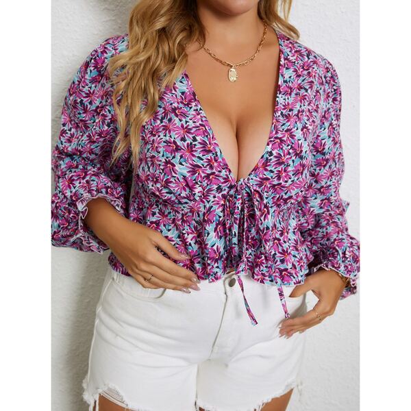 

Plus Allover Floral Print Flounce Sleeve Tie Front Top, Multicolor