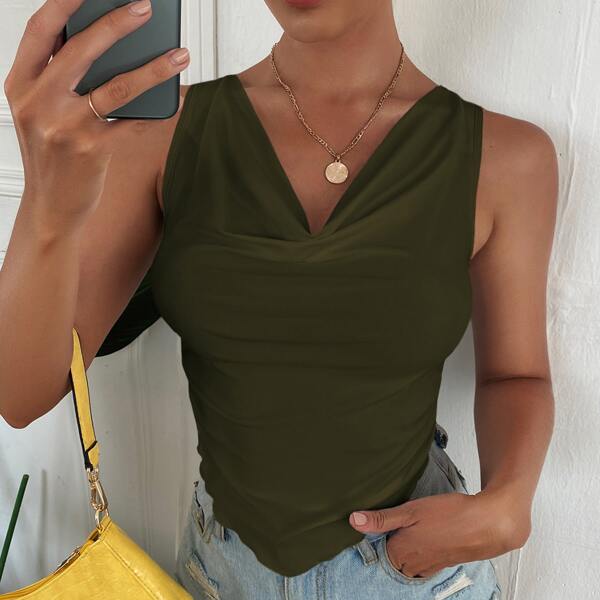 

Cowl Neck Asymmetrical Hem Crop Tank Top, Army green