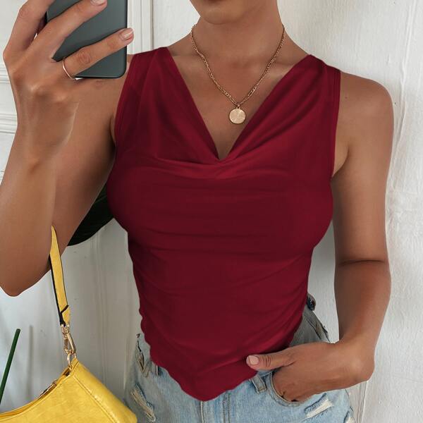 

Cowl Neck Asymmetrical Hem Crop Tank Top, Burgundy