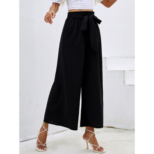 

Belted Paper Bag Waist Wide Leg Pants, Black