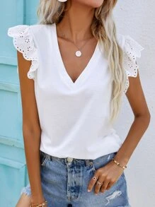 SHEIN Frenchy 網眼刺繡袖V領襯衫 - 白色 - 查看 1