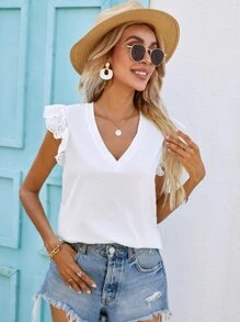 SHEIN Frenchy 網眼刺繡袖V領襯衫 - 白色 - 查看 4