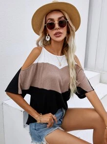 Colorblock Cold Shoulder Tee - Multicolor - View 1