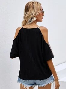 Colorblock Cold Shoulder Tee - Multicolor - View 2