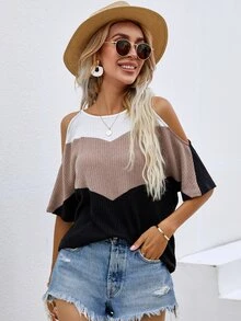 Colorblock Cold Shoulder Tee - Multicolor - View 3