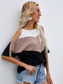 Colorblock Cold Shoulder Tee - Multicolor - View 4