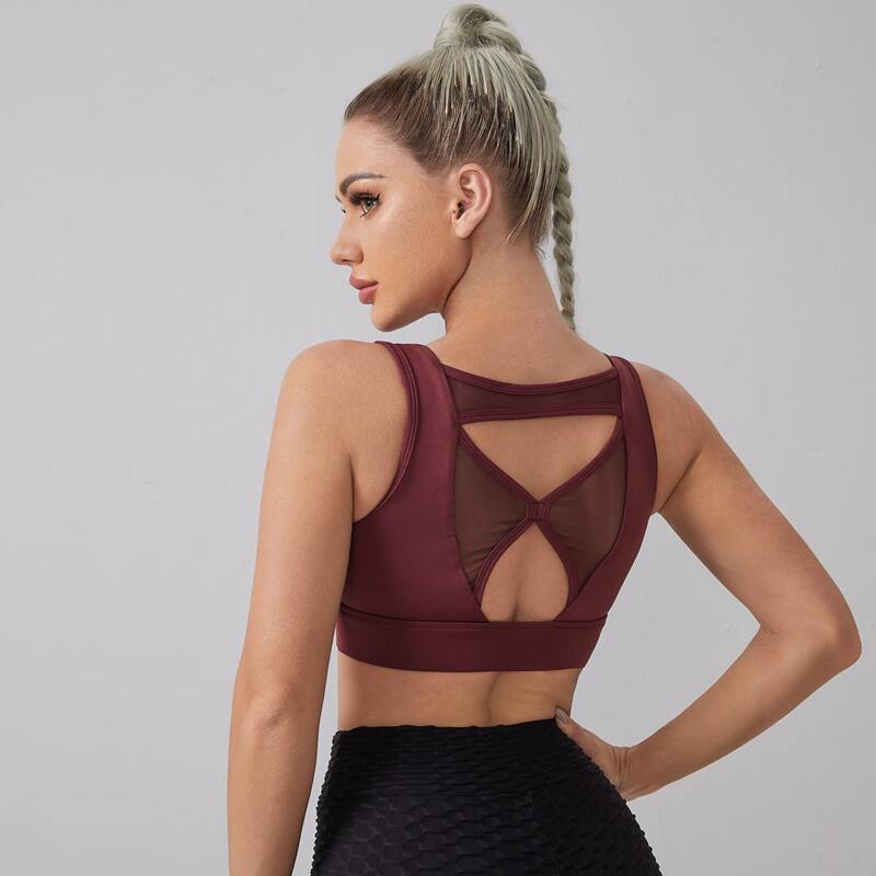 

Light Support Contrast Mesh Cut Out Sports Bra, Burgundy