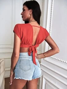 SHEIN Unity 素色深V領短款上衣 - 酒紅色 - 查看 2