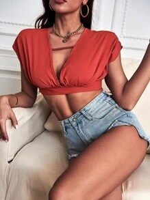 SHEIN Unity 素色深V領短款上衣 - 酒紅色 - 查看 4