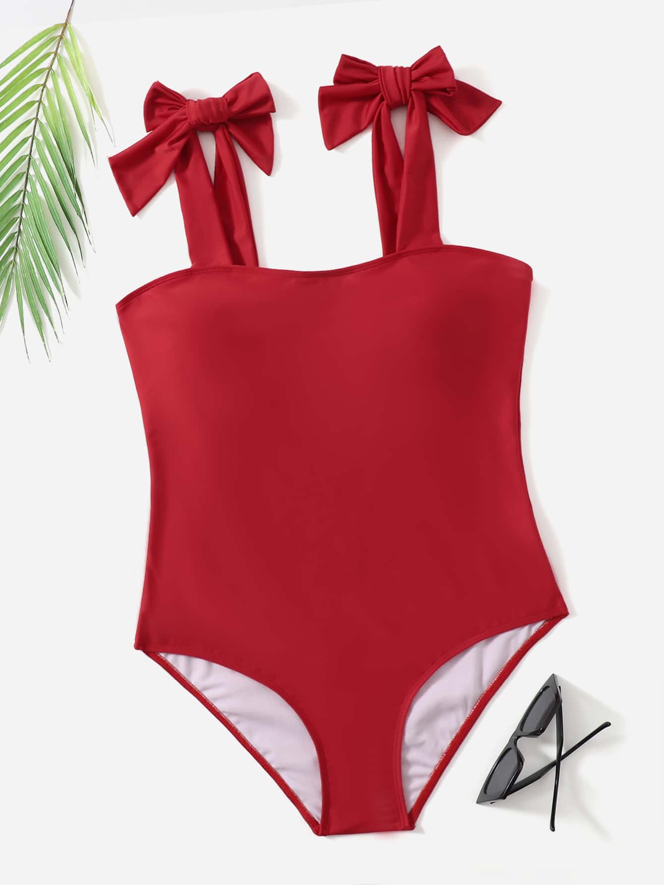 Plus Tie Shoulder One Piece Swimsuit, For Summer Beach Vacation - Red - View 1