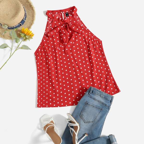 

Plus Polka Dot Tie Front Halter Top, Red