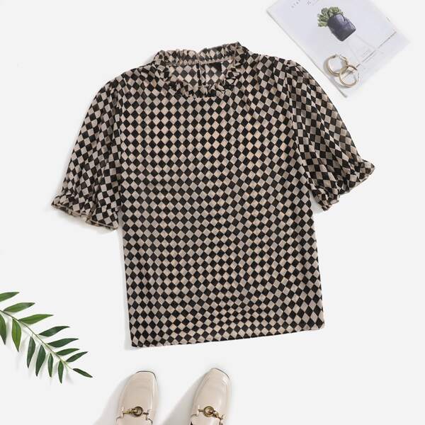 

Plus Checkered Ruffle Trim Blouse, Multicolor