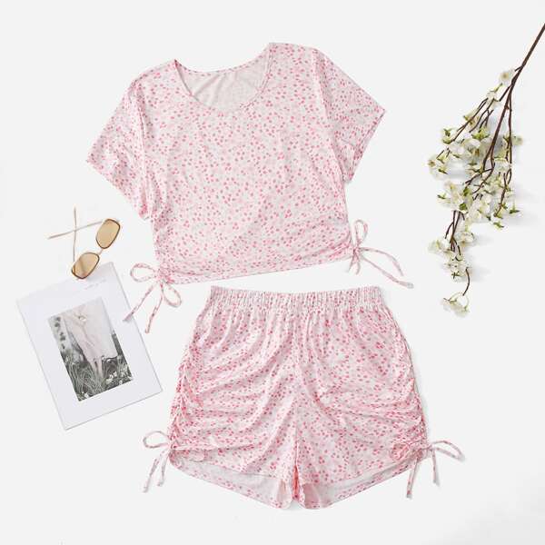 

Plus Ditsy Floral Drawstring Tee With Shorts, Baby pink