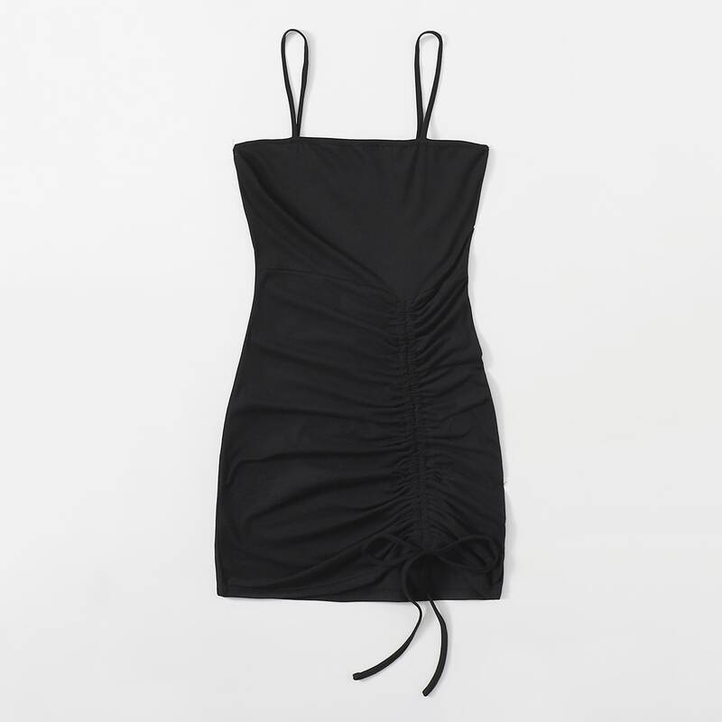 

Solid Drawstring Ruched Dress, Black