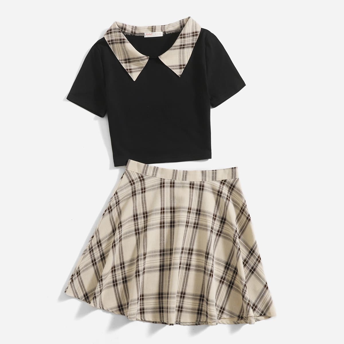 

Contrast Plaid-collar Tee & Skirt, Multicolor