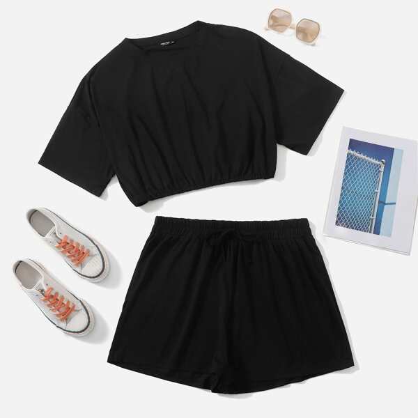 

Plus Drop Shoulder Tee & Knot Front Shorts, Black