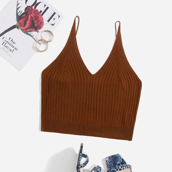 

Plus Solid Ribbed Knit Cami Top, Coffee brown