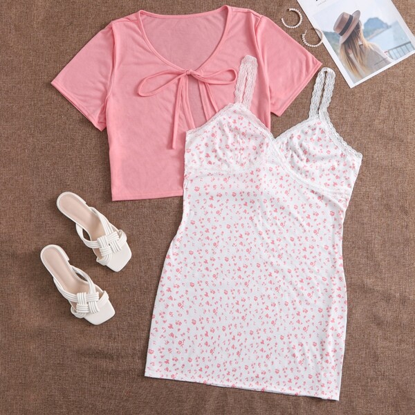 

Plus Knot Front Top With Ditsy Floral Cami Dress, Pink