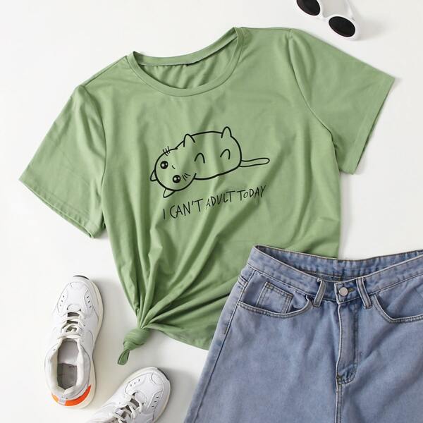 

Plus Cartoon And Slogan Graphic Tee, Lime green