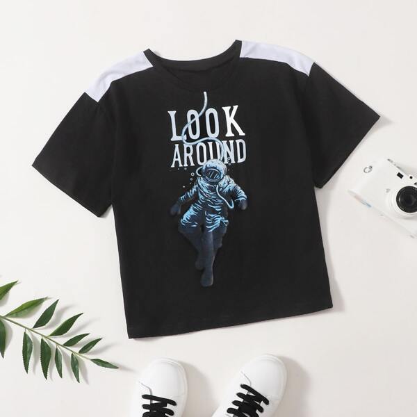 

Toddler Boys Astronaut & Letter Graphic Tee, Black and white
