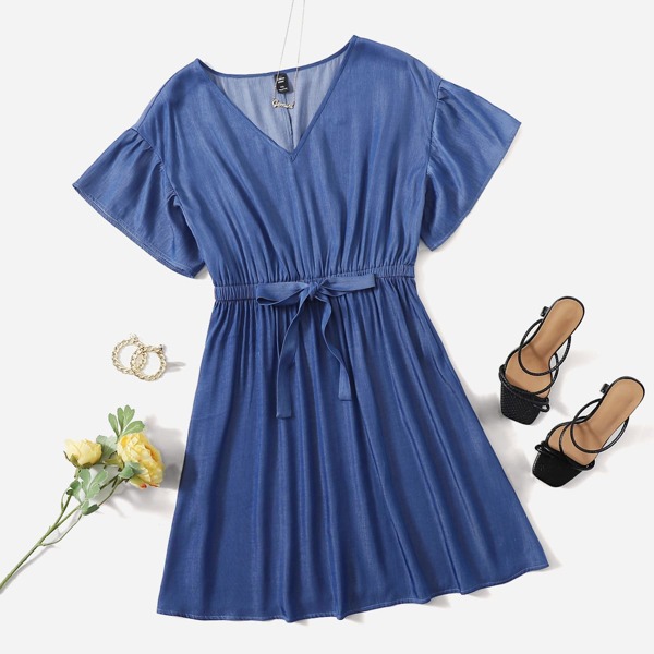 

Plus Ruched Belted Denim Dress, Medium wash