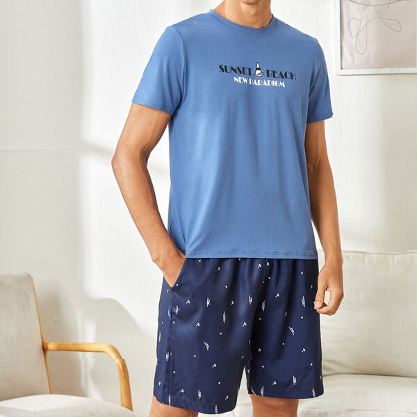 

Men Letter Graphic PJ Set, Blue