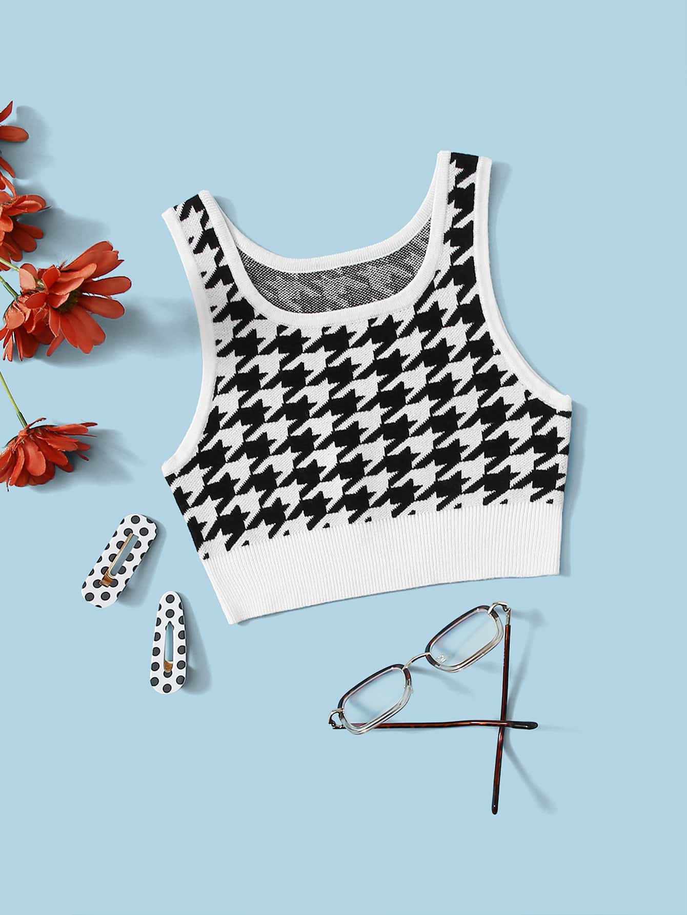 女孩千鳥格針織短上衣 - 黑與白 - 查看 1