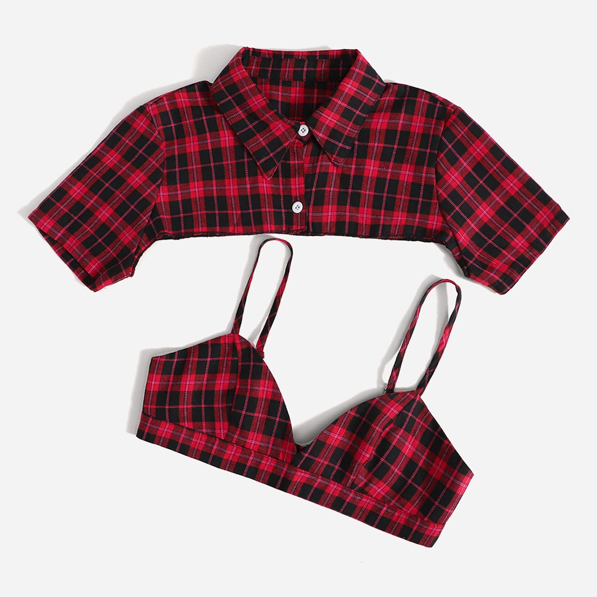 

Plaid Super Crop Blouse & Crop Cami, Multicolor