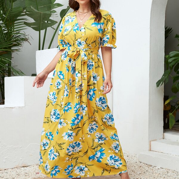 

Plus All Over Floral Surplice Belted Dress, Multicolor